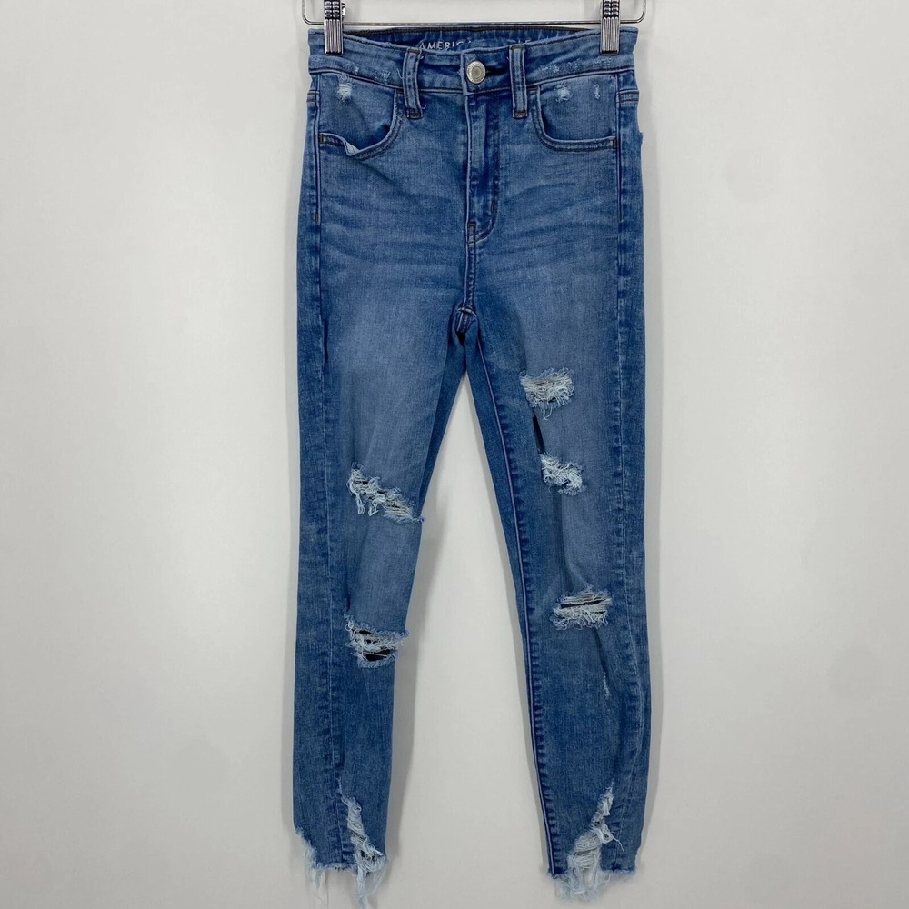 American Eagle Super Hi-Rise Jegging Crop Distressed Blue Jeans Size 0 Regular